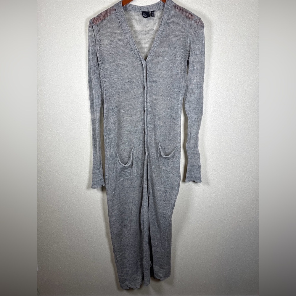 Eileen Fisher Open Knit Button Front Duster Long Cardigan XS Gray Beach Coastal